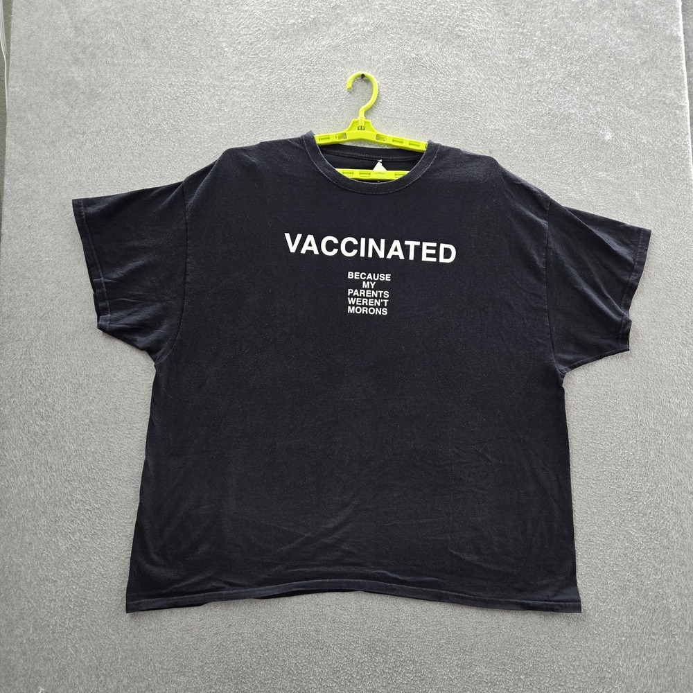 Linda Finegold Men Shirt XL Black Vaccinated Spellout Logo Short Sleeve